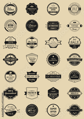 28 vector labels and logotypes. Set of vintage retro stamps, ribbons, frames and marks.