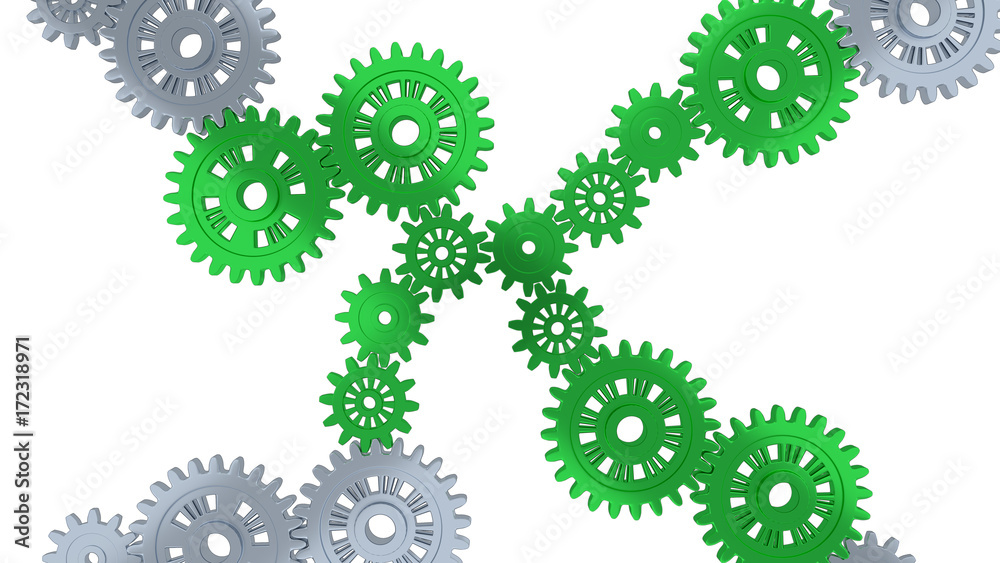 Up View of Some Silver Gears and Several Green Gears Up View of Some Silver Gears and Several Green Gears