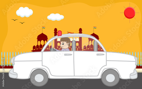 Cartoon Man Driving Car in Front of Red Fort