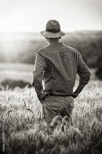 A farmer standing in his field in the middle of wheat ears