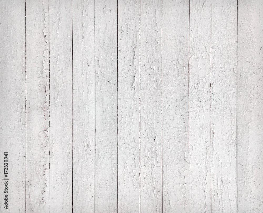 Naklejka premium A close-up view reveals a weathered white wood plank texture with vertical grain and subtle imperfections. This rustic wooden background offers a natural, aged surface ideal for design projects.