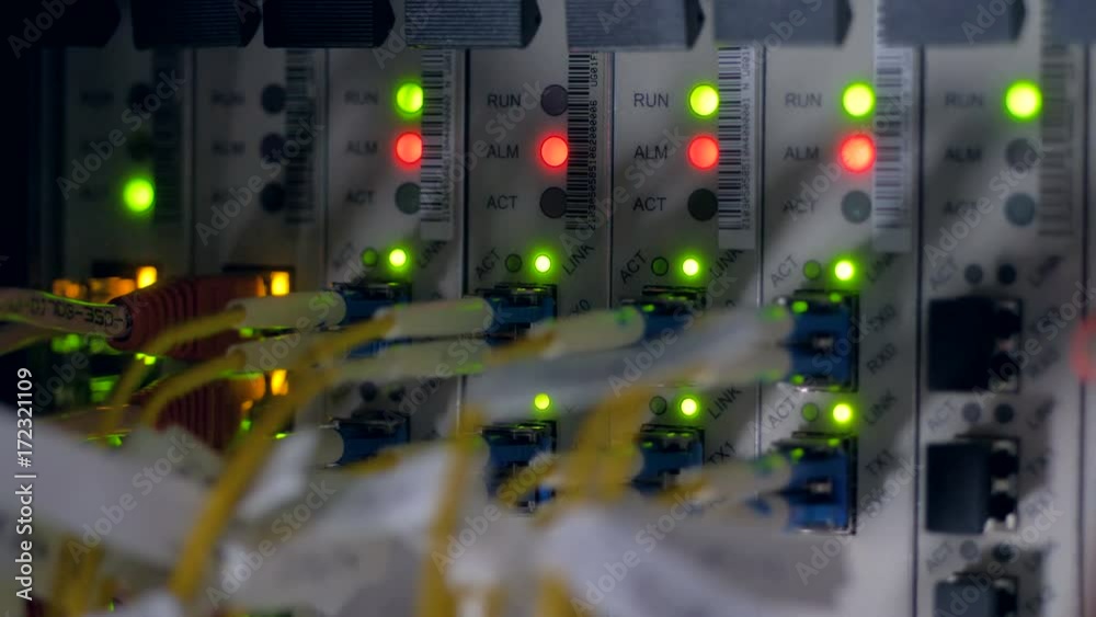 Computer server at a network data center, render farm. 4K.