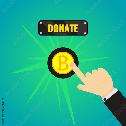 Man pressing bitcoin donate button. Giving money, fundraising concept. Internet banking, mobile payments. Touch, push, press symbol. Vector illustration