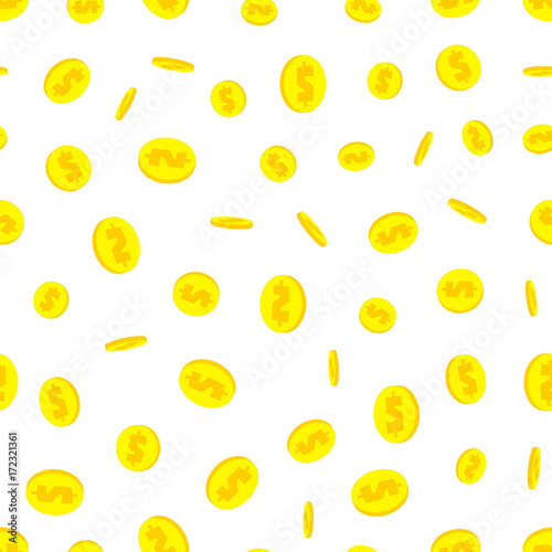 Seamless pattern with golden cartoon dollar coins falling on white background. Internet banking, mobile payments, deposit, investment, saving symbol. Vector illustration.
