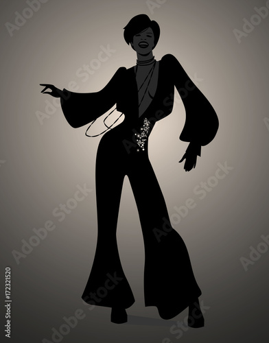 Silhouette of girl dancing soul, funky or disco music. Retro Style.
