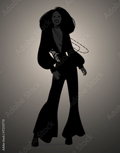 Silhouette of girl dancing soul, funky or disco music. Retro Style.