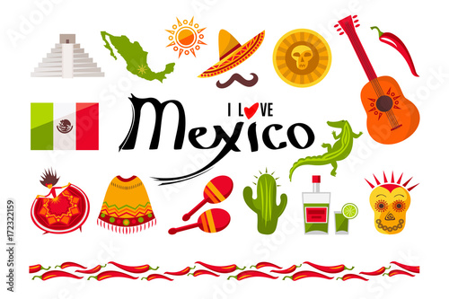 I love Mexico icon set. Sun, Moai pyramid, tequila, Mexico map, cactus, guitar, peyote, sombrero, moustache, poncho, dancing girl, coin, bean, chili, crocodile, maracas, flag. Vector illustration