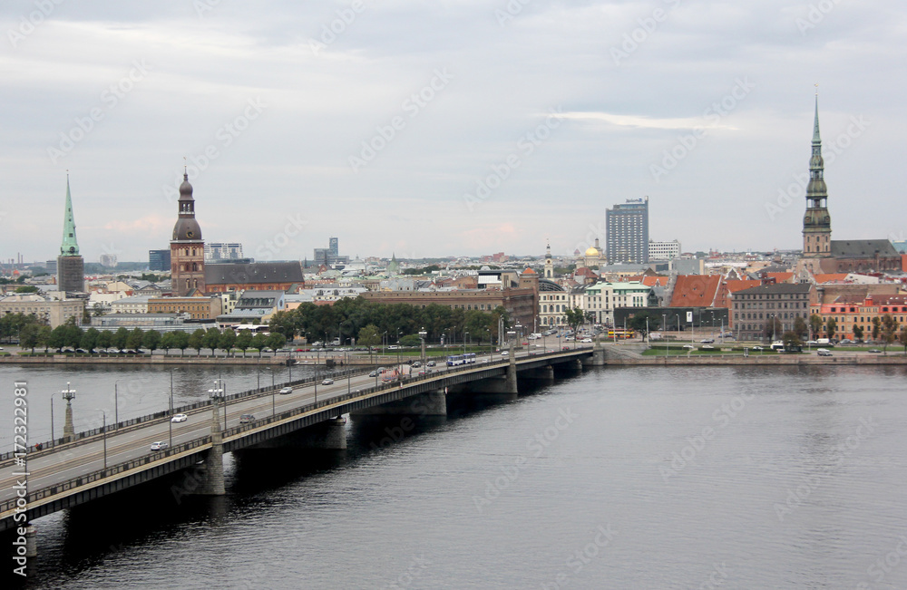 Panorama view of Riga city, capital of Latvia. The embankment of the Daugava River 