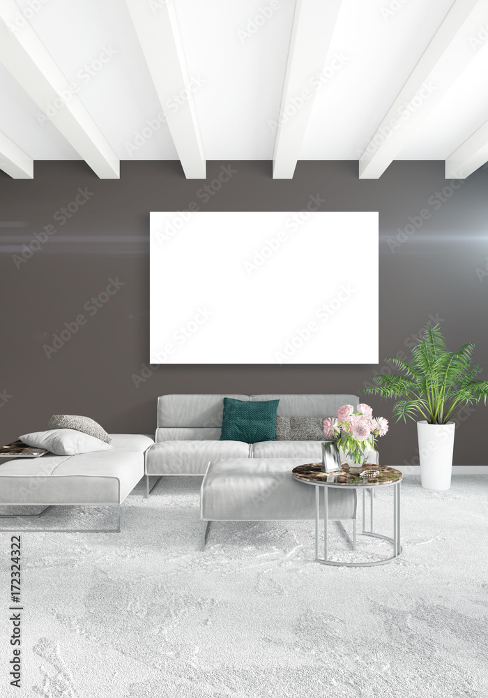 White bedroom minimal style Interior design with wood wall and grey sofa. 3D Rendering. 3D illustration