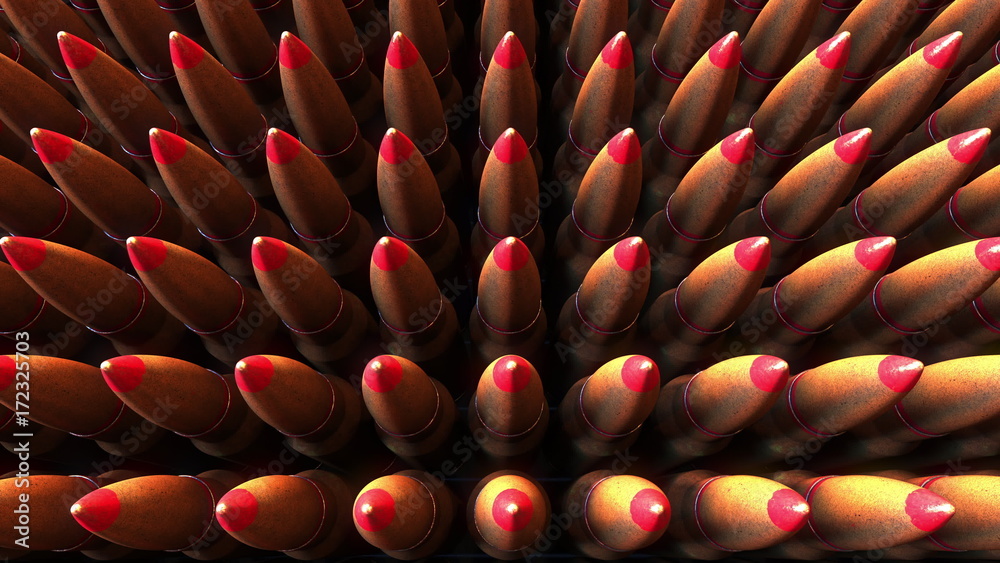 Fototapeta premium Many bullets top down view, 3D rendering. War, ammunition, aggression concepts