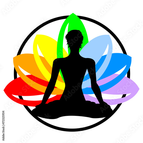 Vector rainbow watercolor label with woman silhouette