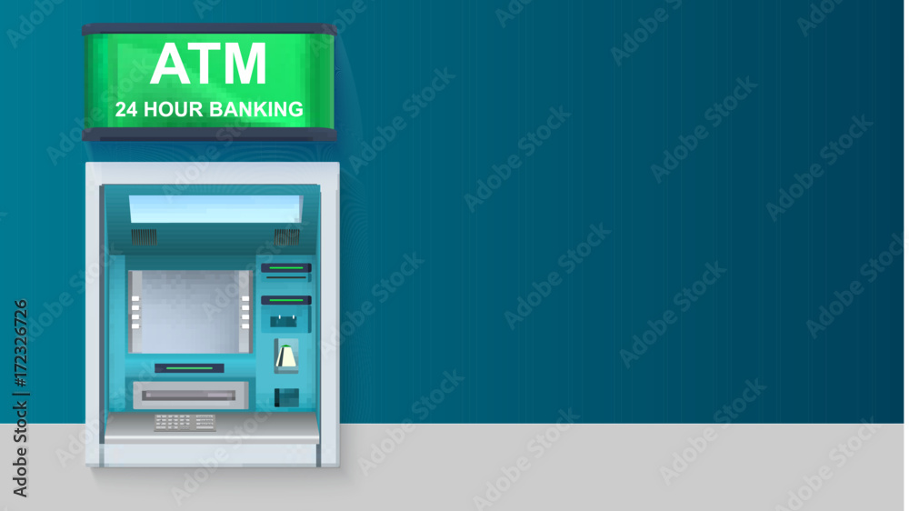 ATM - Automated teller machine with green lightbox, 24 hour banking. Template with ATM terminal for advertisement on horizontal long backdrop, 3D illustration.