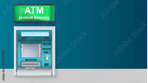 ATM - Automated teller machine with green lightbox, 24 hour banking. Template with ATM terminal for advertisement on horizontal long backdrop, 3D illustration.
