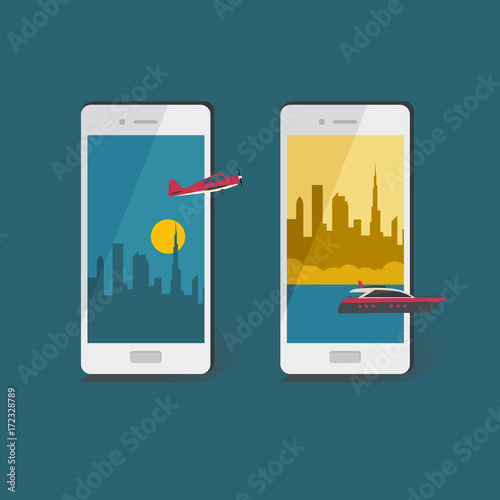 Air and water travel concept.  Business and tourism travel illustration. Vector smartphone with plane and motorboat.