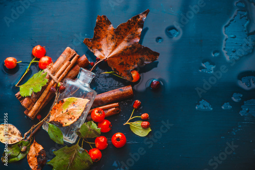 Glass perfume bottle with fallen maple leaves, red berries, cinnamon and autumn rain on a wet wooden background photo