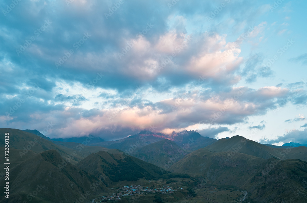 View of the Mount Kazbek from the village Stepantsminda