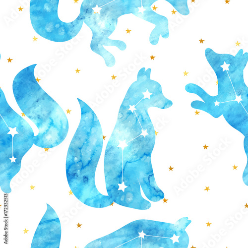 Cute seamless pattern with a fox. Constellation of the fox. Vector. Watercolor pattern. Gold stars on the background.