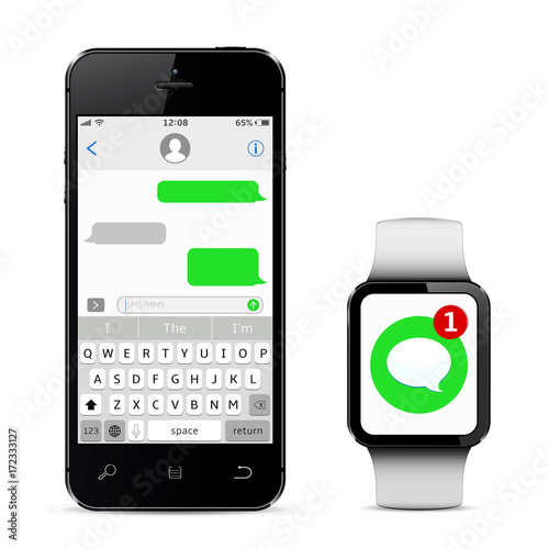 Chatting and messaging concept. Smart phone and smart watch with messaging sms app. Vector illustration.