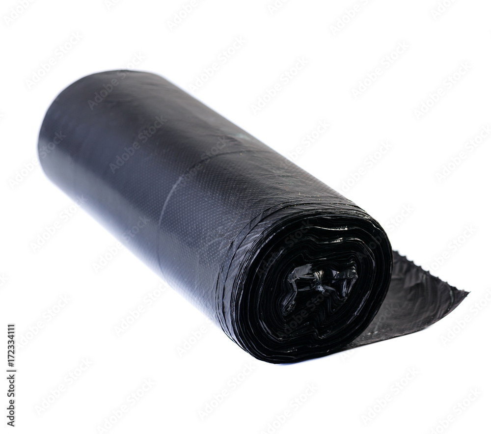 Black plastic polyethylene garbage bag roll isolated on white background Black plastic polyethylene garbage bag roll isolated on white background