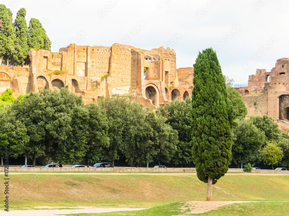 Panorama of the Roman Forum. Ruins of times of the Roman Empire. Rome, Italy