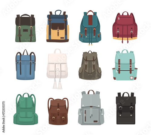 Large collection of fashionable backpacks or rucksacks. Modern casual and touristic accessories of different types and colors isolated on white background. Colorful flat vector illustration