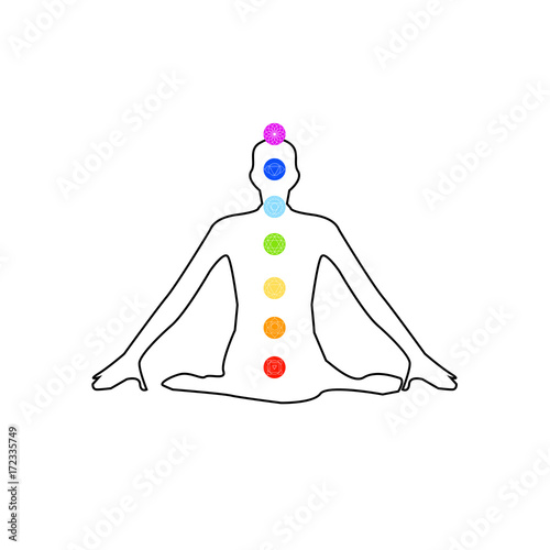 Chakra icons with respective colors on a meditating person