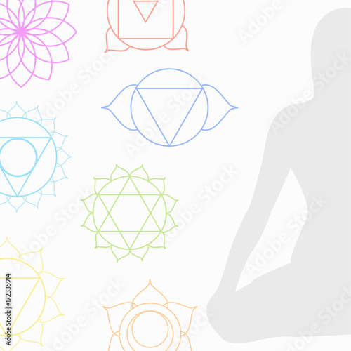 Chakra icons in respective colors with meditating person