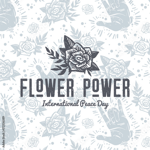 Peace Day flower power postcard with roses, hand gestures, floral compositions.