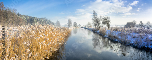 Panorama of river in spring thaws or in late winter, landscape