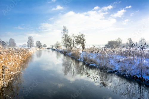 Landscape of river in spring thaws and blue sky