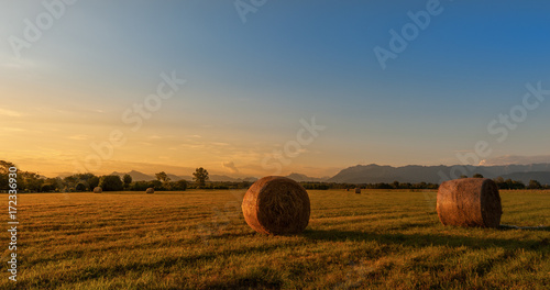 Countryside landscape..Hay bales on field at golden sunset.
