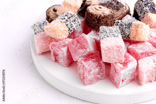 Variety of Turkish Delight Lokum Sweet Turkish delight lokum Traditional dessert White background