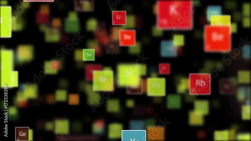 3d render. The camera fly through periodic table of elements on dark background. Loopable animation. Mendeleev`s table fragment.