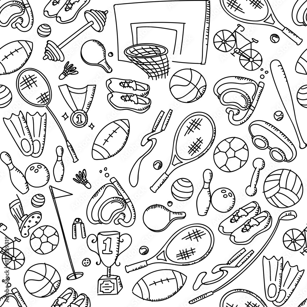 Seamless pattern background Sports Equipment kids hand drawing set ...