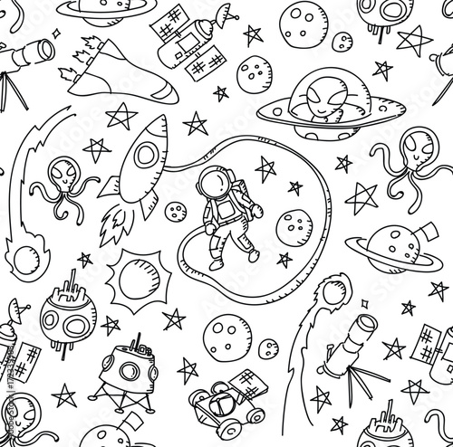 Fototapeta Naklejka Na Ścianę i Meble -  Seamless pattern background Astronaut in Space kids hand drawing set illustration isolated on white background