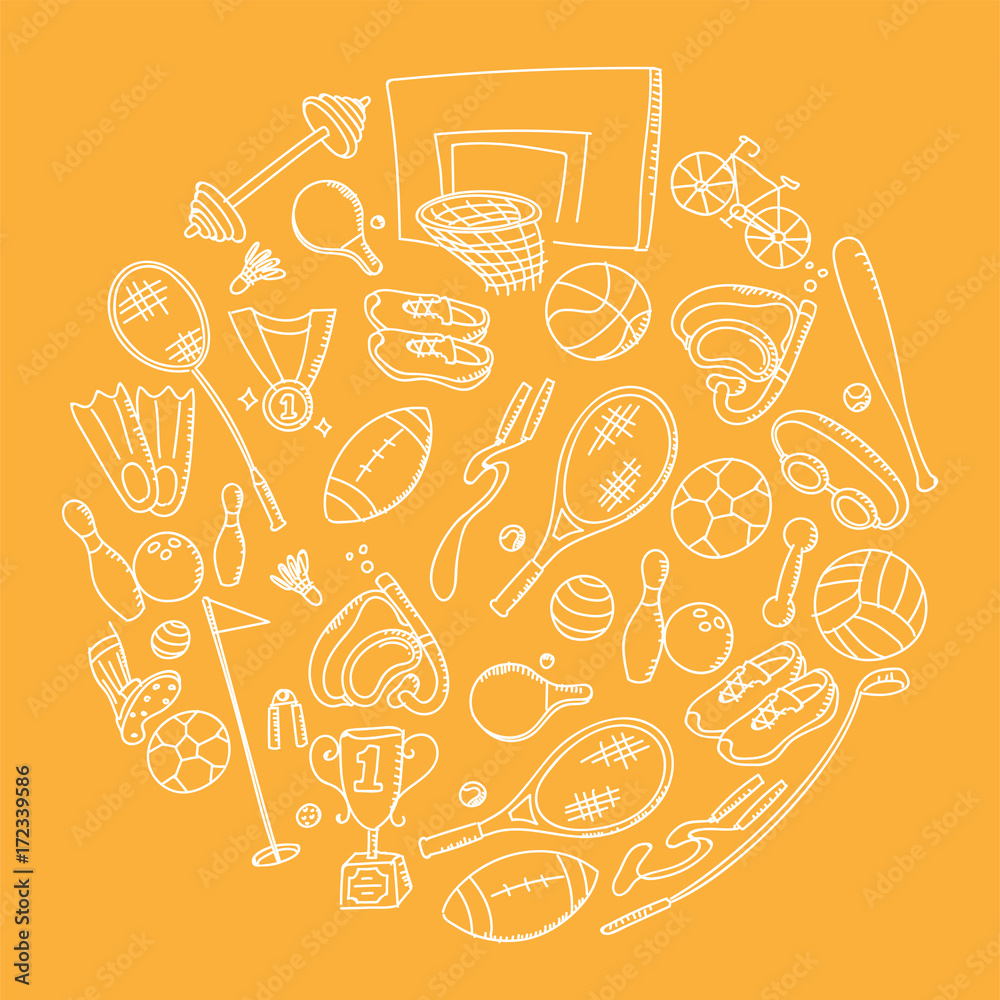 Sports Equipment kids hand drawing set pattern background circle shape