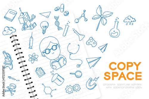 Notebook with kid boy hand drawing set, Imagine of Future Occupation "Scientist" concept idea illustration isolated on white background, with copy space