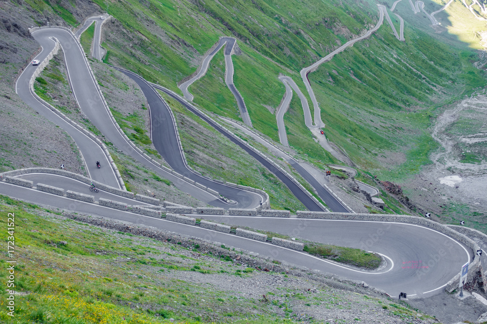 View of serpentine road of Stelvio Pass from above.