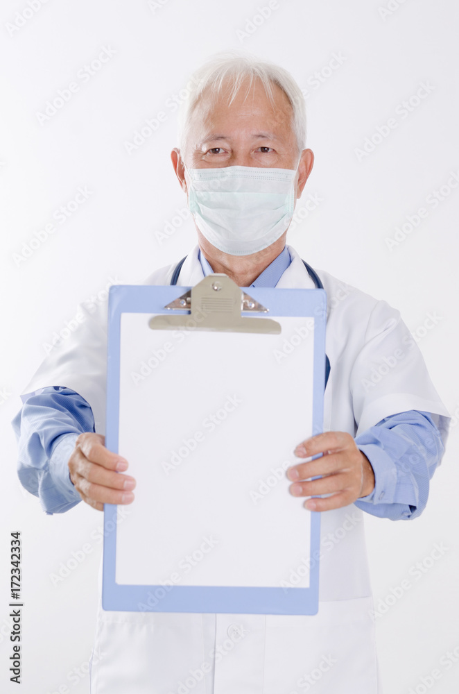 Medical doctor in face mask showing health report Medical doctor in face mask showing health report