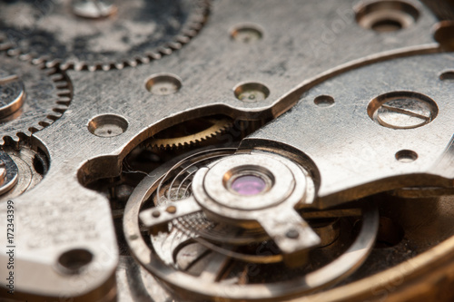 Detail of watch machinery on the table. 