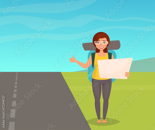 Hitchhiking. Woman travele