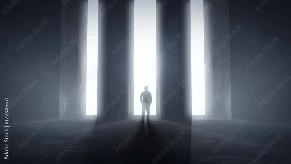 Man standing at opening glowing light tunnels in front of a high concrete wall, decision concept Man standing at opening glowing light tunnels in front of a high concrete wall, decision concept