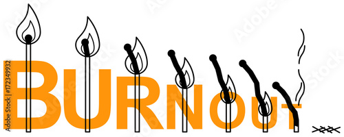 Simple clean conceptional line art vector illustration of burning matches on orange word BURNOUT isolated on white background