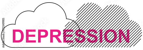 Simple clean conceptional line art vector illustration of clouds on pink text DEPRESSION isolated on white background
