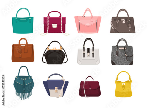 Set of stylish women s handbags - tote, shopper, hobo, bucket, satchel and pouch bags. Trendy leather accessories of different types isolated on white background. Colorful vector illustration. photo