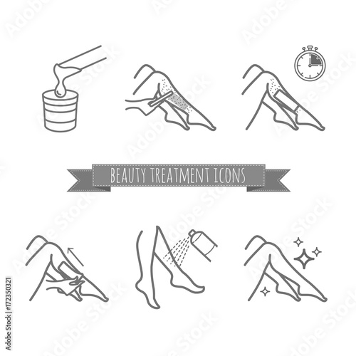 Removing leg hair by using sugaring or strip wax. Beauty treatment icons set