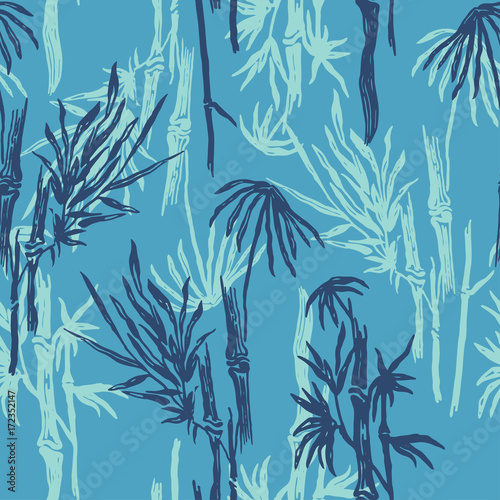 Bamboo seamless tropical pattern on exotic blue background. Tropical asian plant wallpaper, chinese or japanese nature textile print.