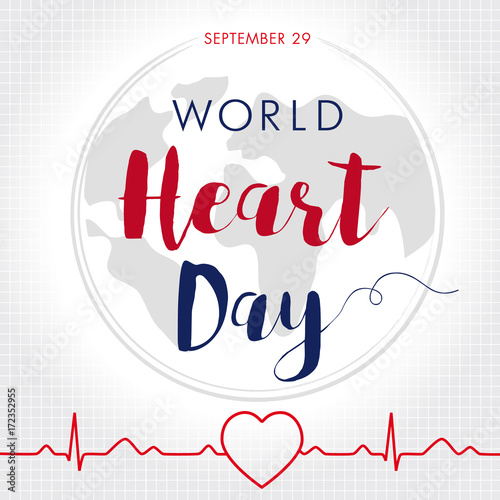 World Heart Day card, line heart in cardio pulse trace and globe. Vector illustration concept World Heart Day background for banner or poster. September 29
