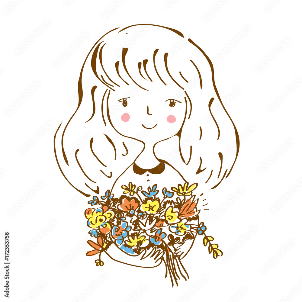 Little girl with flowers sketch for the greeting card Little girl with flowers sketch for the greeting card