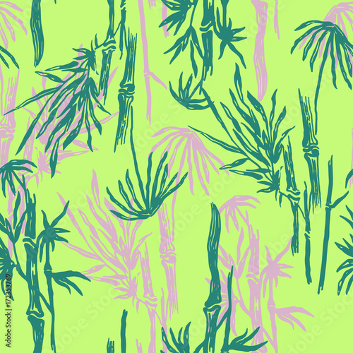 Fototapeta Naklejka Na Ścianę i Meble -  Bamboo seamless tropical pattern on exotic lime green background. Tropical asian plant wallpaper, chinese or japanese nature textile print.